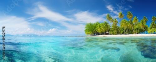 Sea view with coconut trees and sand.