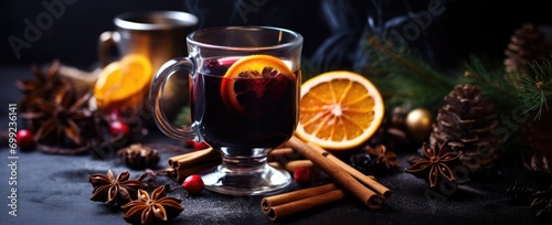 mulled wine with oranges, pineapples and cranberries on a dark background