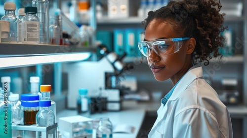 African female scientist, catalyst for innovation, breaking barriers with intellect and grace in academic research laboratory.