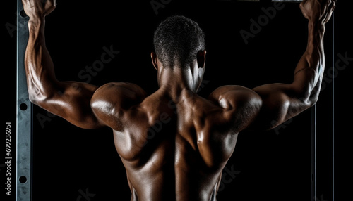 Muscular athlete showcasing strength, shirtless, flexing bicep, torso, exercising generated by AI