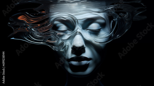 Frauengesicht mit geschlossenen Augen von Wasser umgeben. Surreale Szene in kühlen Farben mit schwarzem Hintergrund. Konzept: Über Träume Zugang zum Unbewussten haben. Fotorealistische Illustration