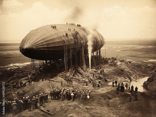 Historic Hindenburg disaster photograph capturing the catastrophic 1937 airship explosion and inferno at Lakehurst, New Jersey.