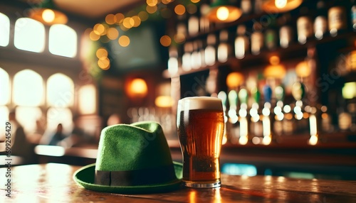 St. Patrick's day, pint of beer, clover leaf and green hat on wooden bar in the pub, festive background, template