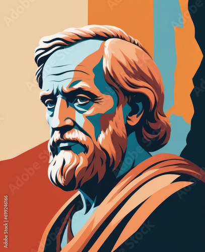 Plato in Flat Pop Art - Mid-shot portrait of the ancient historical figure depicted in a minimalist flat pop art style with impactful color blocks Gen AI