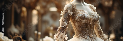 Close-up of a mannequin displaying a haute couture gown, intricate details