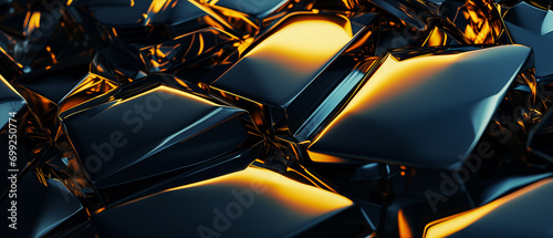 Minimalistic dynamic texture, abstract dark geometric shapes, gold highlights and backlit neon. 3D rendering style. Graphic resource background and wallpaper. 