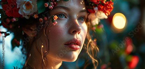 Portrait jeune femme, fleur dans les cheveux
