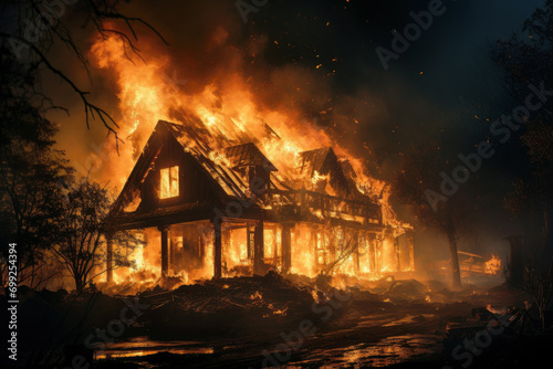 House completely destroyed by fire at night, single family home burning due to wildfire. Wooden building in flames and smoke. Concept of damage, disaster, insurance, arson, wood