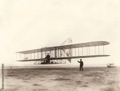 Early aviation milestone: Wright brothers achieve flight success, captured in a historic photograph, flight 00089.