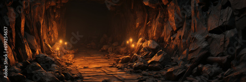 Old mine tunnel, panoramic view of abandoned underground passage with rocks. Entrance to dark catacomb, inside subterranean cave. Concept of coal, ore