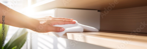 Person's hands dusting a shelf wish white wiping cloth. Close up image