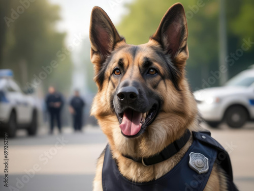 Regal German Shepherd - close-up of a happy dog face from a popular breed with a blurred background, wearing a police vest with exaggerated anime-style features Gen AI