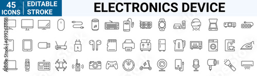 Electronics Device line web icons Personal Device. Tablet, laptop, phone, console, Smart Watch and more. Editable Stroke.