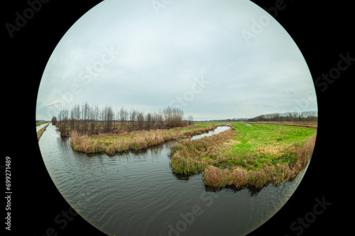Fisheye view of the watery Dutch polder landscape in the western part of the country