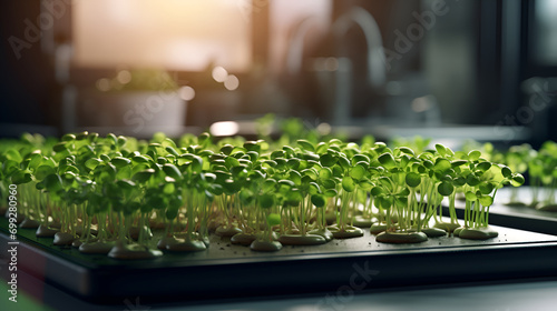 Fresh microgreens bask in morning light on a kitchen tray, symbolizing healthy living. promoting healthy eating, home gardening, and natural living, targeting health enthusiasts