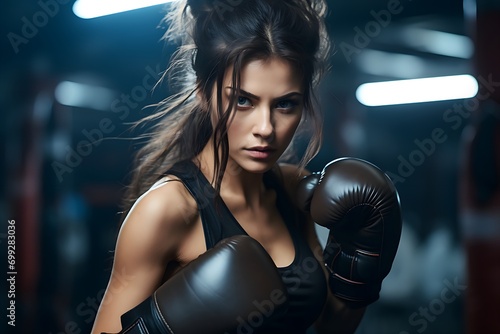 Strong woman in fighting stance wearing boxing gloves at the gym