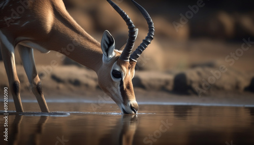 Impala gazelle standing in the African wilderness, reflecting the sunset generated by AI