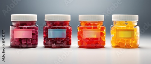Variety of colorful gummy vitamins in transparent bottles against gradient backdrop, promoting dietary supplements and health maintenance.