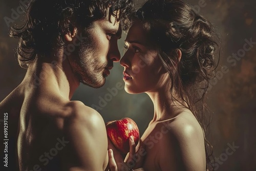 Adam and Eve with an apple. The concept embodies temptation and choice.