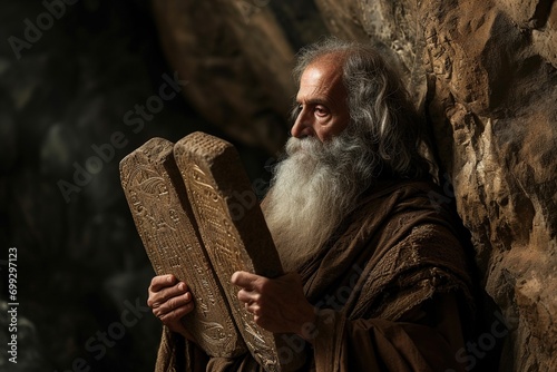 Moses holding the stone tablets with the 10 commandments, Bible story.