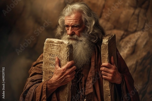 Moses holding the stone tablets with the 10 commandments, Bible story.