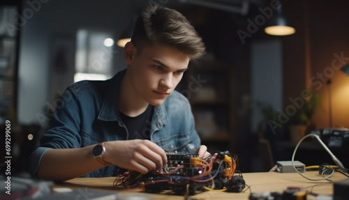 A young man, expert in technology, soldering indoors with concentration generated by AI