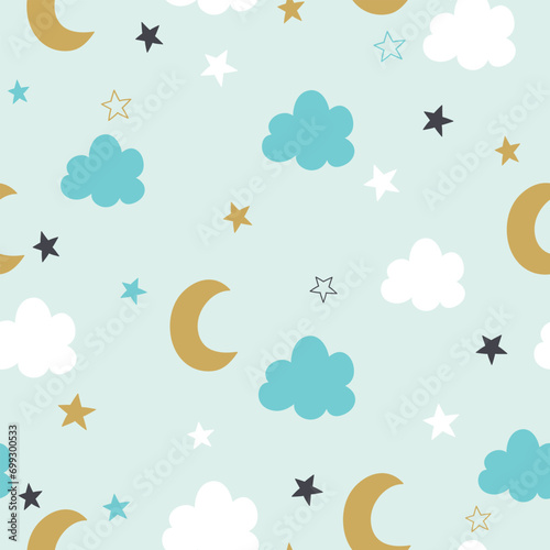 Background for kids with moon, clouds and stars. Childish seamless pattern. Vector illustration. It can be used for wallpapers, wrapping, cards, patterns for clothing and others.