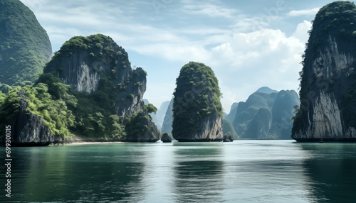 beautiful landscape of tropical coast with karst limestone islets and cliffs