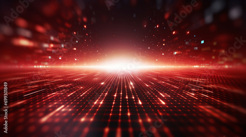 Digital technology abstract background with blurred lights and moving lights, in the style of precisionist line, 3D network connections with plexus design background Color theme red