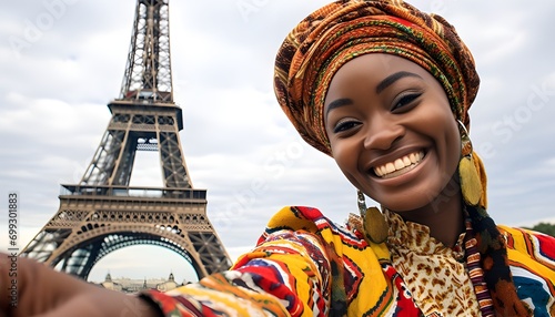 20 year old african woman taking a selfie at the eiffel tower
