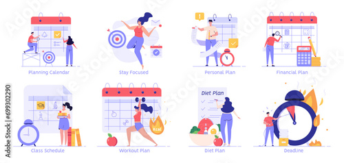Planning calendar, personal plan and class schedule set. People exercise with workout plan and control weight. Diet plan concept. Deadline and time management. Vector illustration set in flat design