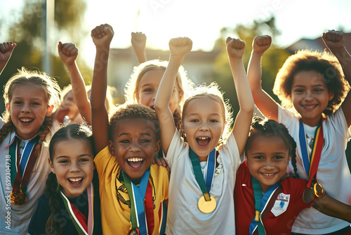 A group of small students holding a cup and medals. They are jumping up and down with victory.