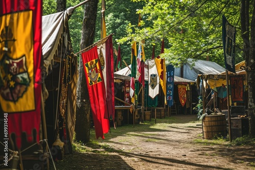 Renaissance fair with heraldry flags and banners