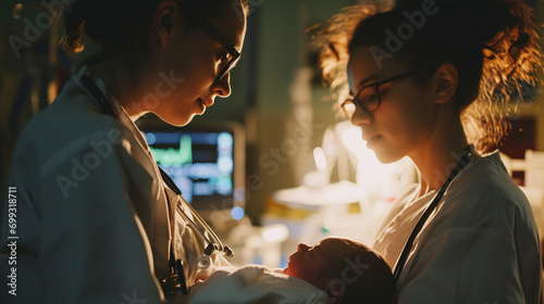 Peaceful moment of nurse checking newborn's vitals, AI Generated