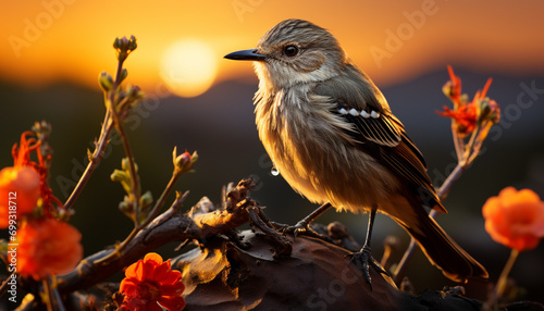 A small bird perching on a branch, singing in the sunset generated by AI