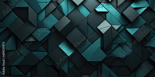 an abstract pattern and wall texture black background, in the style of isometric, dark gray and aquamarine, geometric shapes & patterns, aluminum, shaped canvas, geometric