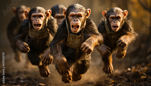 Running monkeys in the wild, screaming, playful in tropical rainforest generated by AI