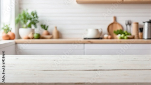 Empty White Wooden Table Background Blurred Kitchen, White Wooden Table