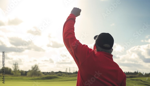 One man playing golf outdoors, enjoying the freedom and relaxation generated by AI
