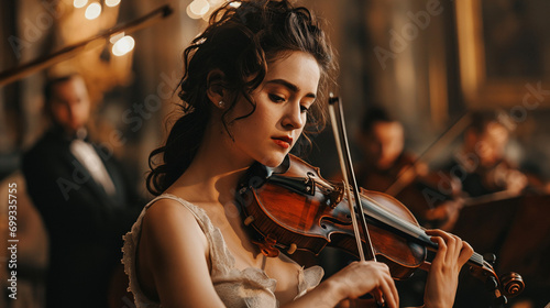 A woman with braided brown hair plays the violin with an orchestra