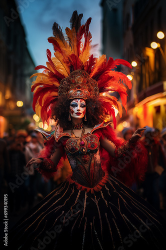 Artist in costume on the Portuguese carnival parade on the evening street of the old town
