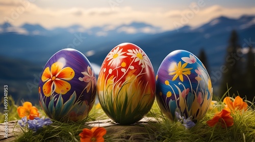 Three exquisitely decorated Easter eggs showcase the joyous celebration of Happy Easter amidst a vibrant spring landscape.