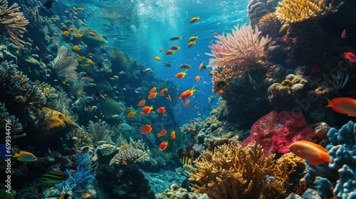 An underwater coral reef with colorful fish and marine life