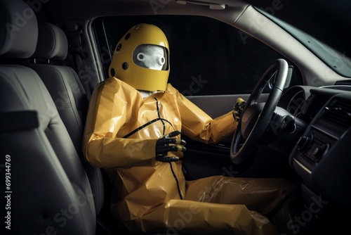 Scared crash test dummy in car, safety concept, made with tech. Generative AI