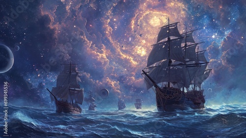 A whimsical depiction of space-faring galleons exploring the cosmic sea