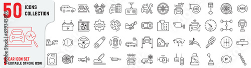 Set of Car Parts editable stroke icons also includes engine, maintenance, diagnostic, service, suspension, battery, indicators signal, brake icons. Car repair 50+ thin icon collections
