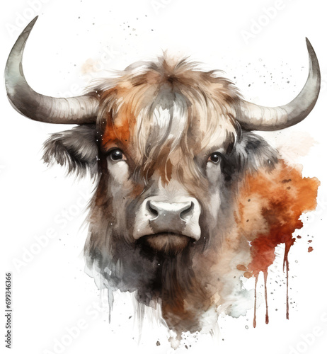 Watercolor png portrait of animal bison bull