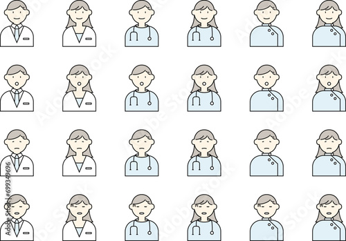 医者 人物 アイコン イラスト セット 白衣 ドクター 聴診器 看護師 表情 バリエーション