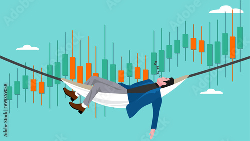 Passive income concept, earning with no effort by make profit or dividend from investment and achieve financial freedom concept, businessman sleeping in hammock with investment growth graph background