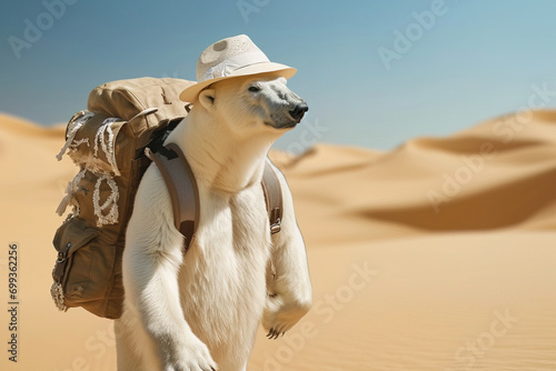 A whimsical image of an anthropomorphic polar bear with a backpack and hat trekking through a sandy desert.